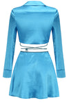 Deep V Long Sleves Top And Rope Mini Flute Skirt In Cyan Blue