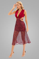 Deep V Neck Sequin Hollow Out Midi Dress In Burgundy