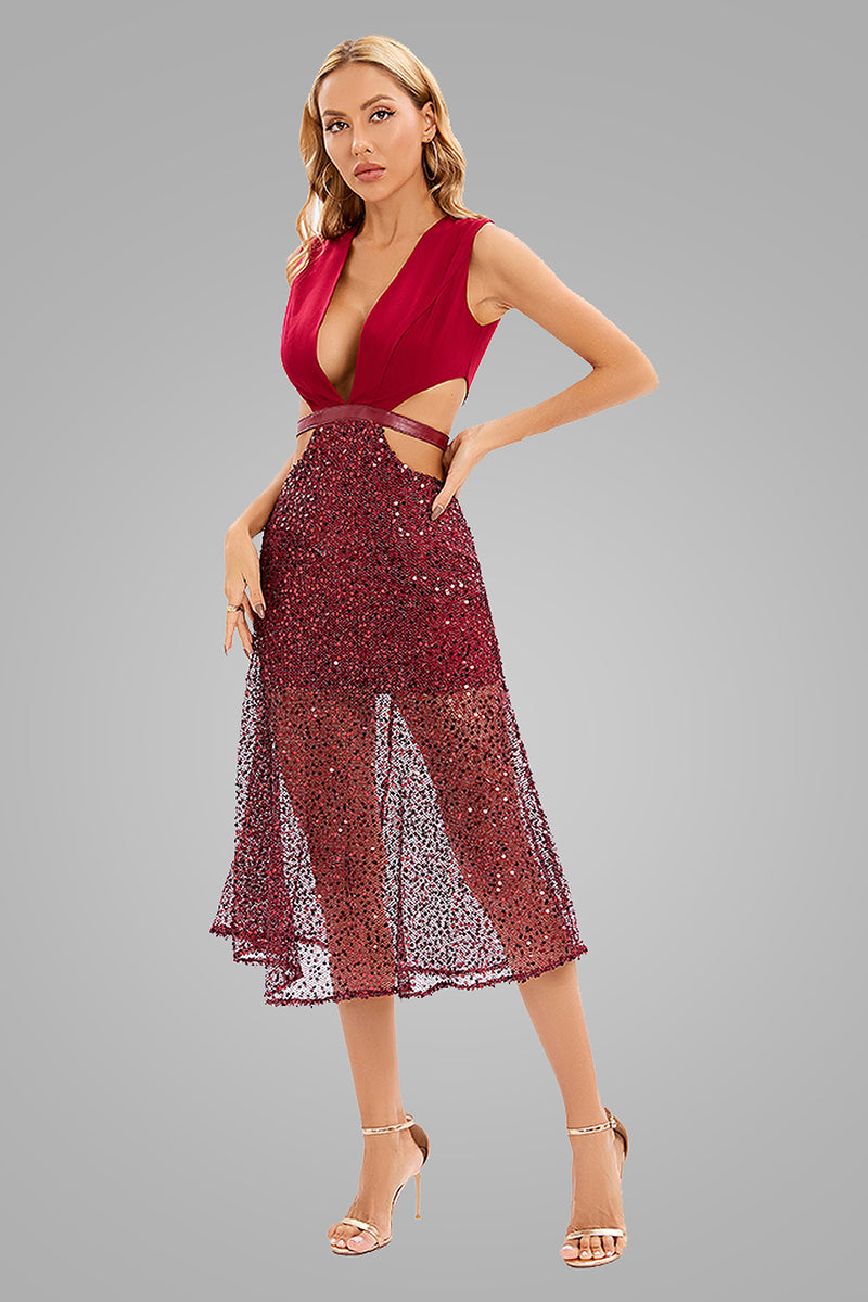Deep V Neck Sequin Hollow Out Midi Dress In Burgundy