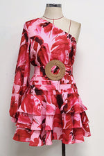 Diagonal Collar Maroon Floral Printing Mini Dress
