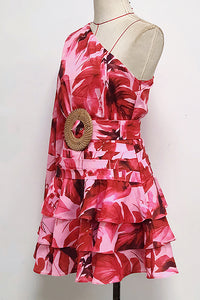 Mini-robe à imprimé floral marron à col diagonal