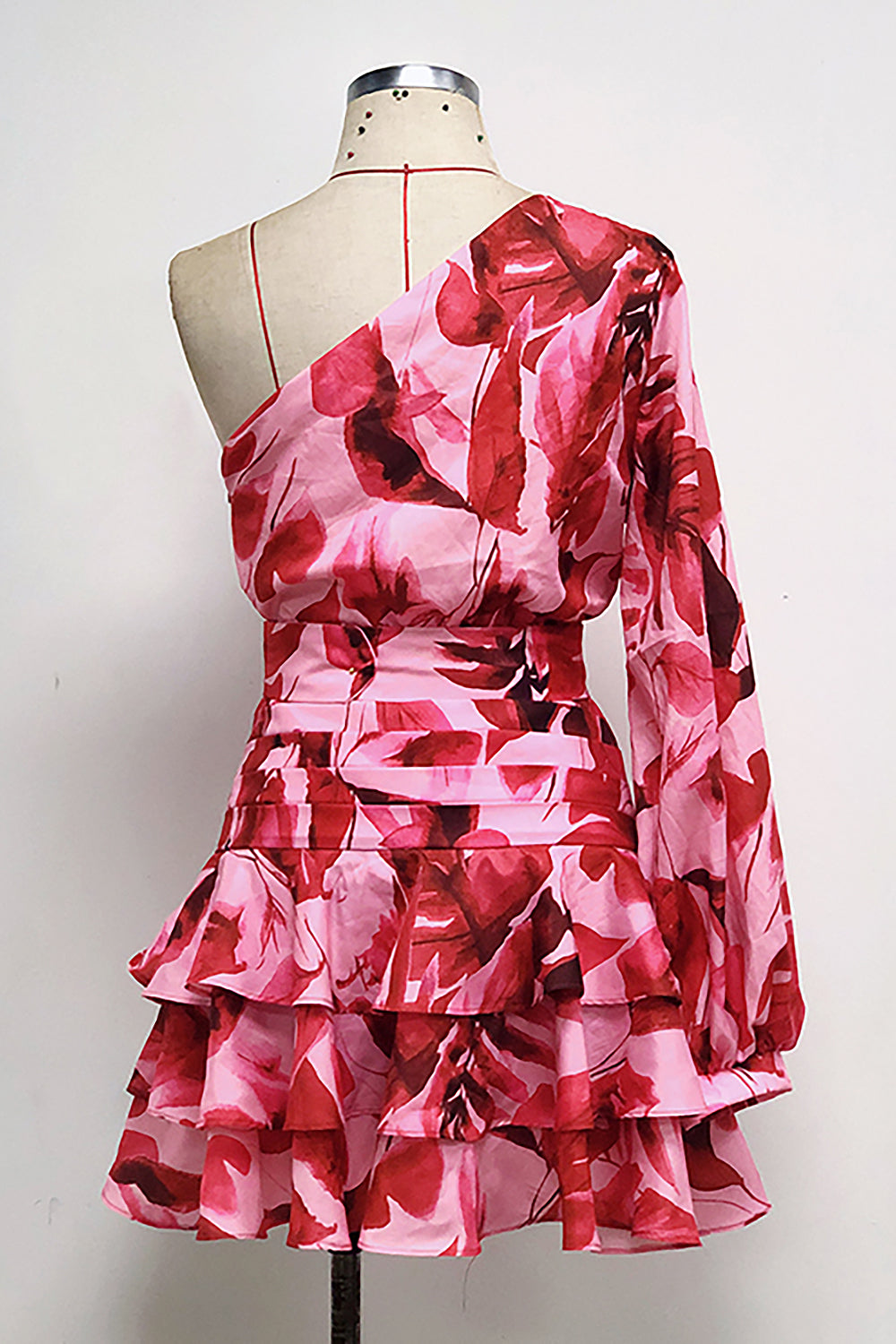 Diagonal Collar Maroon Floral Printing Mini Dress