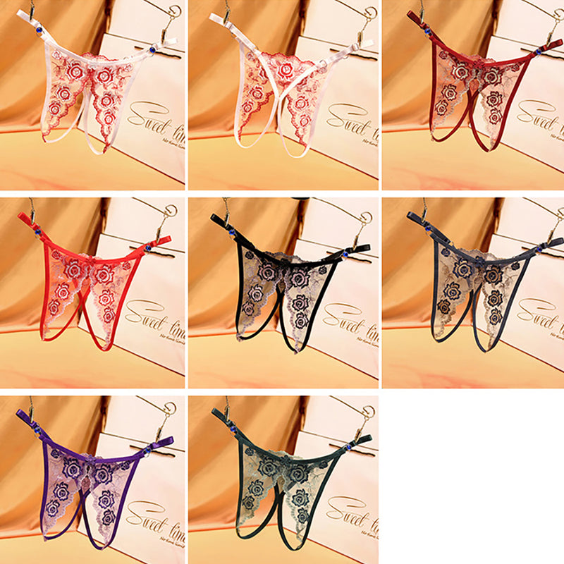 Women Lace Mesh Open Thongs Delux Embroidery Adjustable Panties