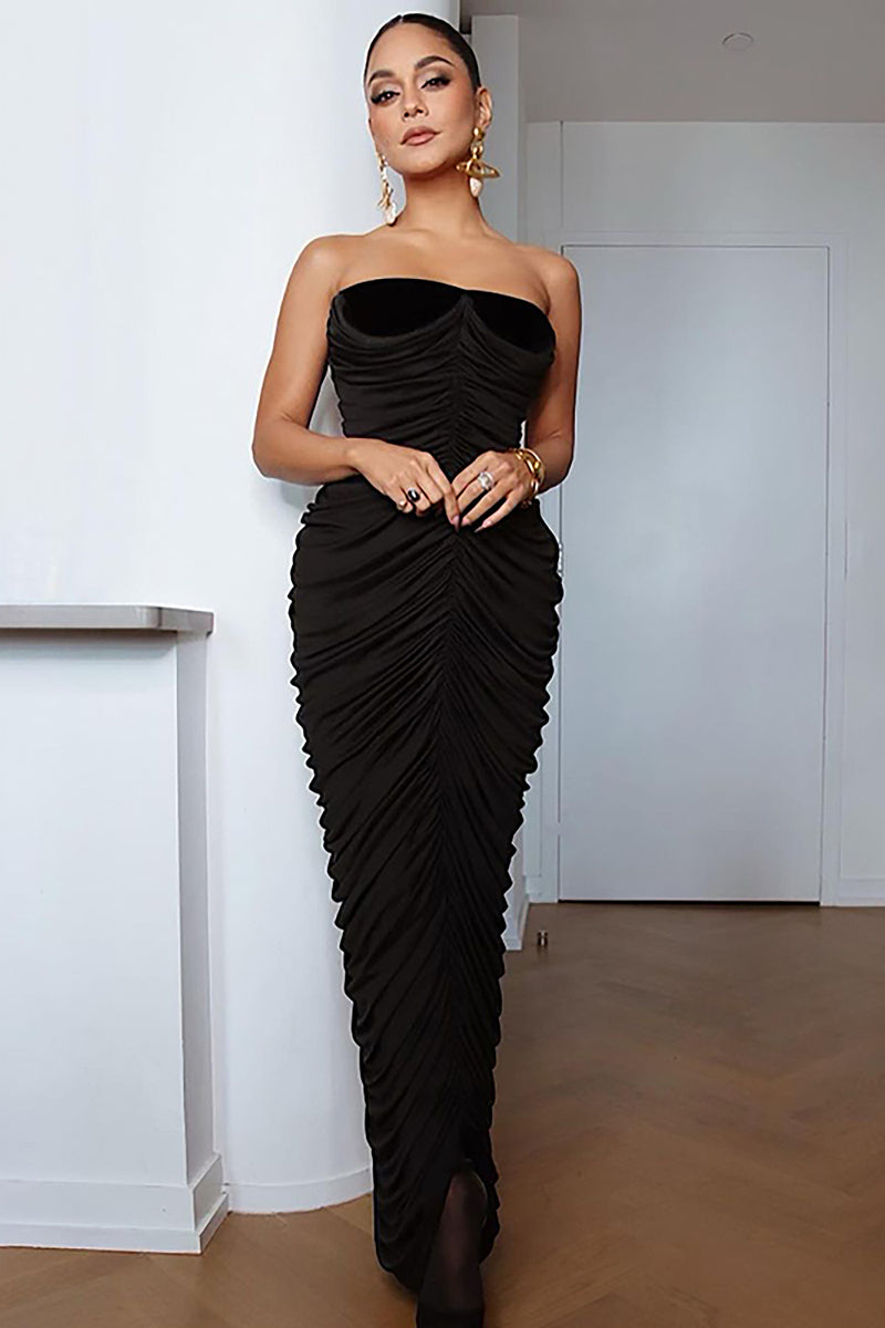 Elegant Ruched Strapless Velvet Black Dress