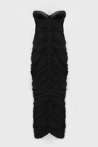 Elegante vestido negro de terciopelo sin tirantes con pliegues