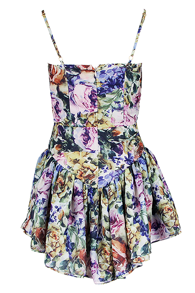 Floral Printed Strappy Fold Mini Dress Dress - Chicida
