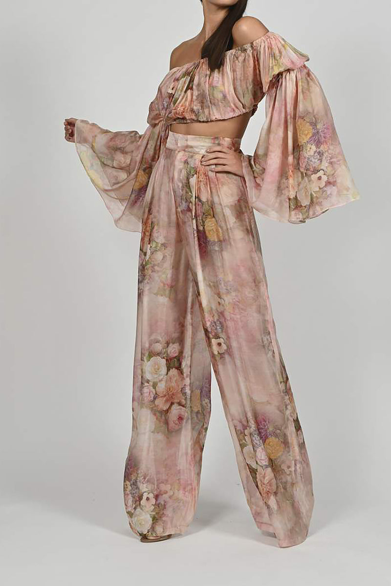 Flowers Printed Chiffon Off-shoulder Top and Wide-leg Pants - Chicida