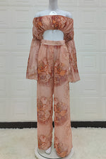 Flowers Printed Chiffon Off-shoulder Top and Wide-leg Pants - Chicida