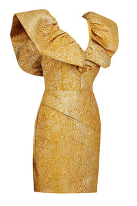 Mini-robe dorée à manches cape et col en V à volants