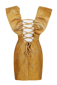 Mini-robe dorée à manches cape et col en V à volants