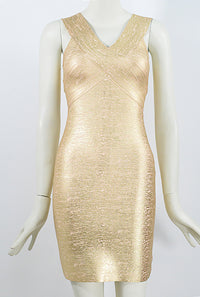 Gold Foiling Strappy V neck Backless Midi Bandage Dress