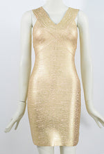 Gold Foiling Strappy V neck Backless Midi Bandage Dress