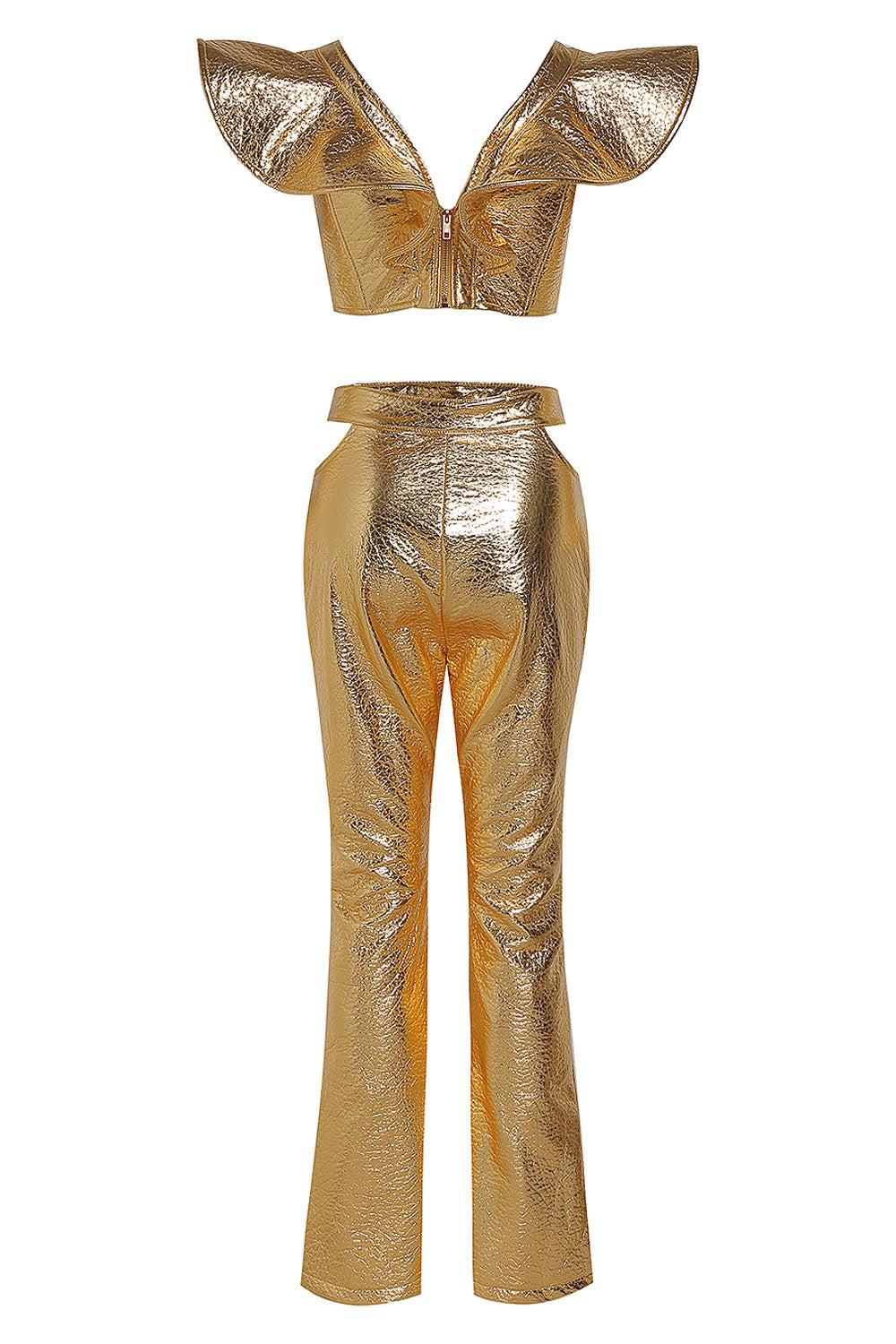 Gold PU V-Neck Ruffle Crop Top and Pants Two Piece Sets