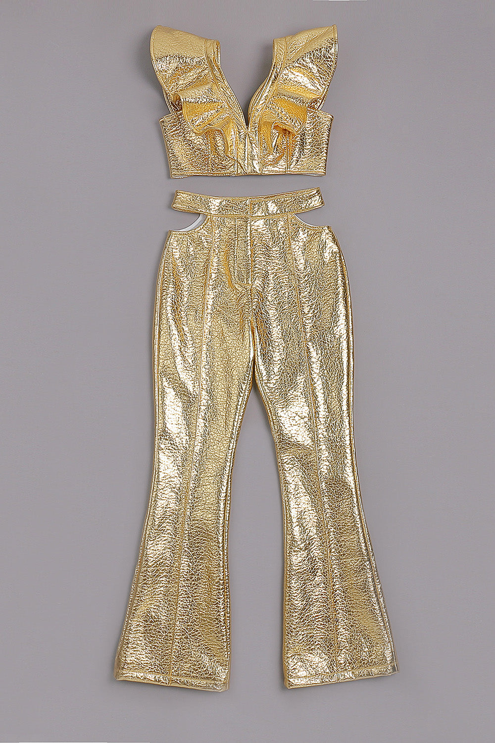 Conjuntos de dos piezas de pantalones y top corto con volantes y cuello en V de PU dorados
