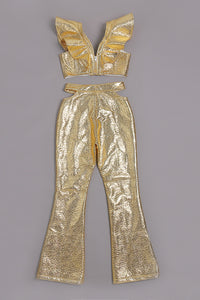 Conjuntos de dos piezas de pantalones y top corto con volantes y cuello en V de PU dorados