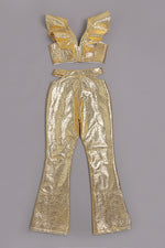 Gold PU V-Neck Ruffle Crop Top and Pants Two Piece Sets