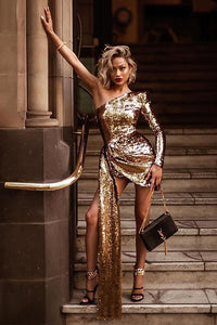 Sequin One Shoulder Long Sleeve Draped Mini Dress In Gold
