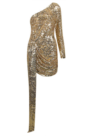 Mini-robe drapée à sequins, asymétrique, épaule dénudée, manches longues, dorée