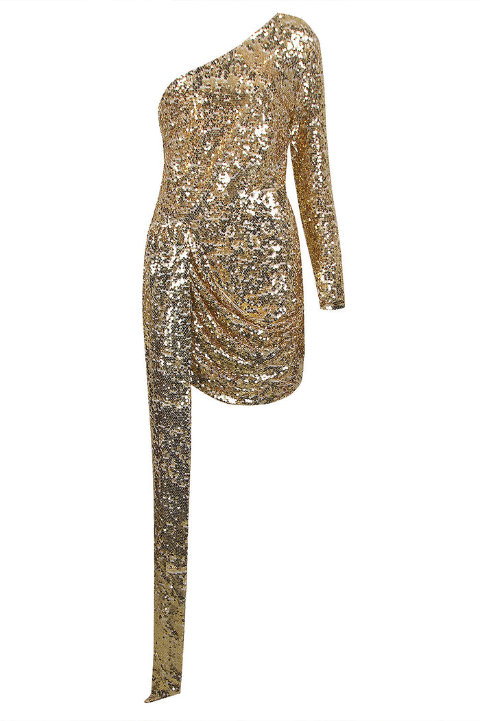 One Shoulder Sequin Draped Mini Dress