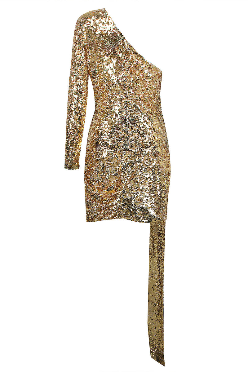 Sequin One Shoulder Long Sleeve Draped Mini Dress In Gold – Chicida