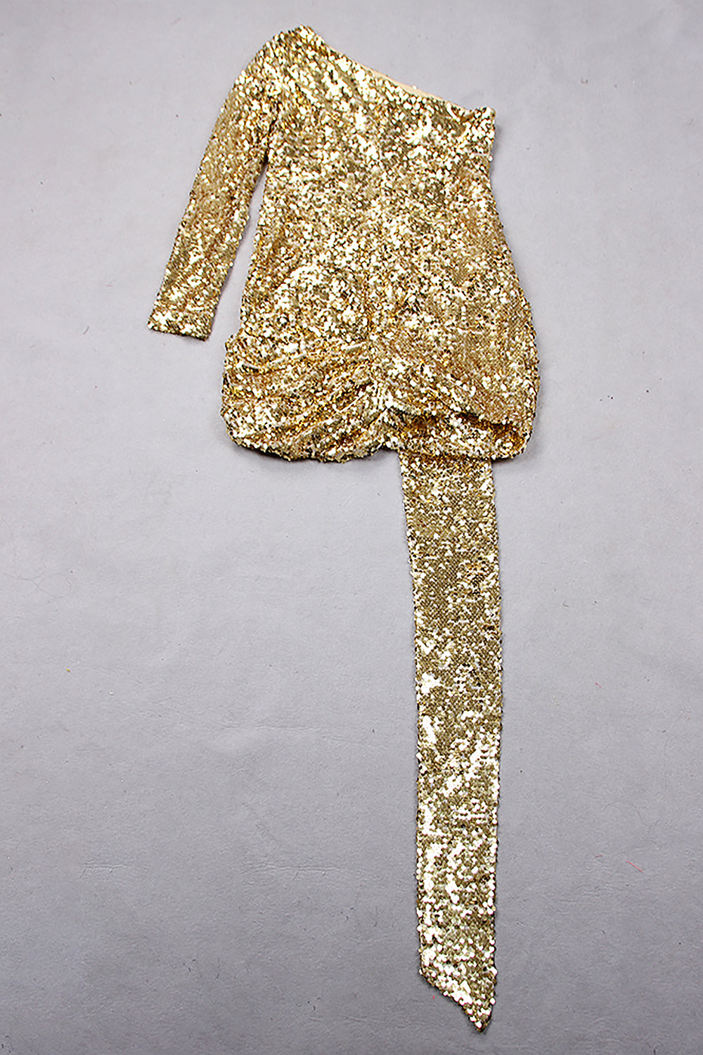 Mini-robe drapée à sequins, asymétrique, épaule dénudée, manches longues, dorée