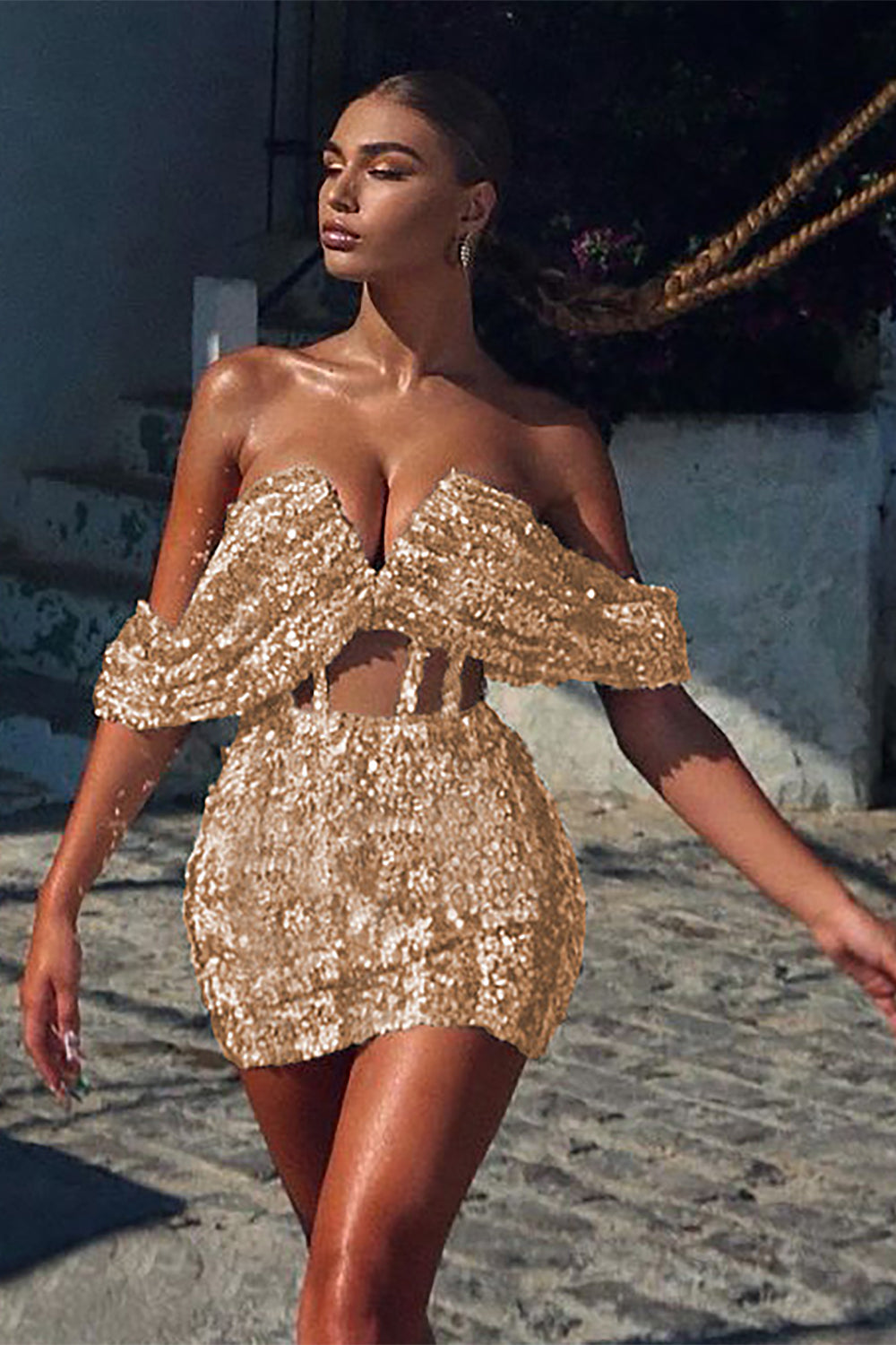 Sequins Off Shoulder Mesh Mini Dress In Gold Silver - Chicida