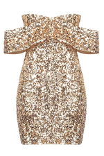 Sequins Off Shoulder Mesh Mini Dress In Gold Silver