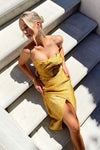 Strapless Split Midi Dress In Gold