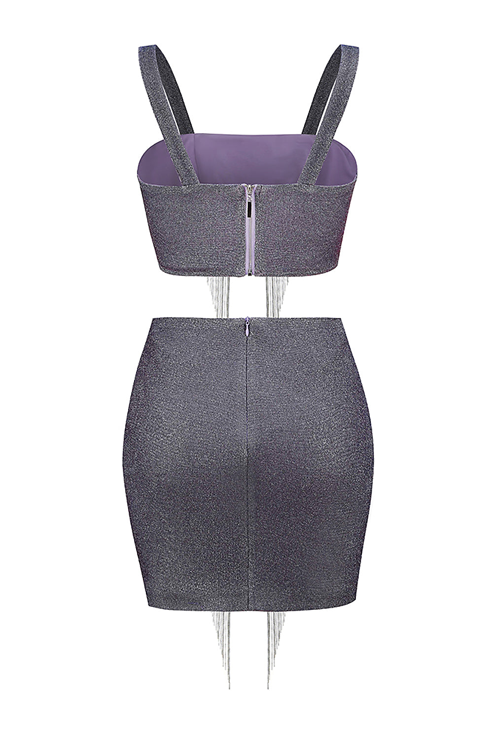 Shiny Glitter Tassel Sleeveless Crop Top Mini Skirt Two Piece Set - Chicida