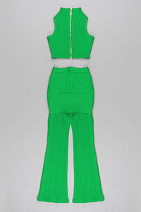 Green Bandage Two Pieces Set Stand Collar Sleeveless Vest Top Flared Pants - Chicida