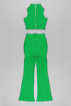 Green Bandage Two Pieces Set Stand Collar Sleeveless Vest Top Flared Pants