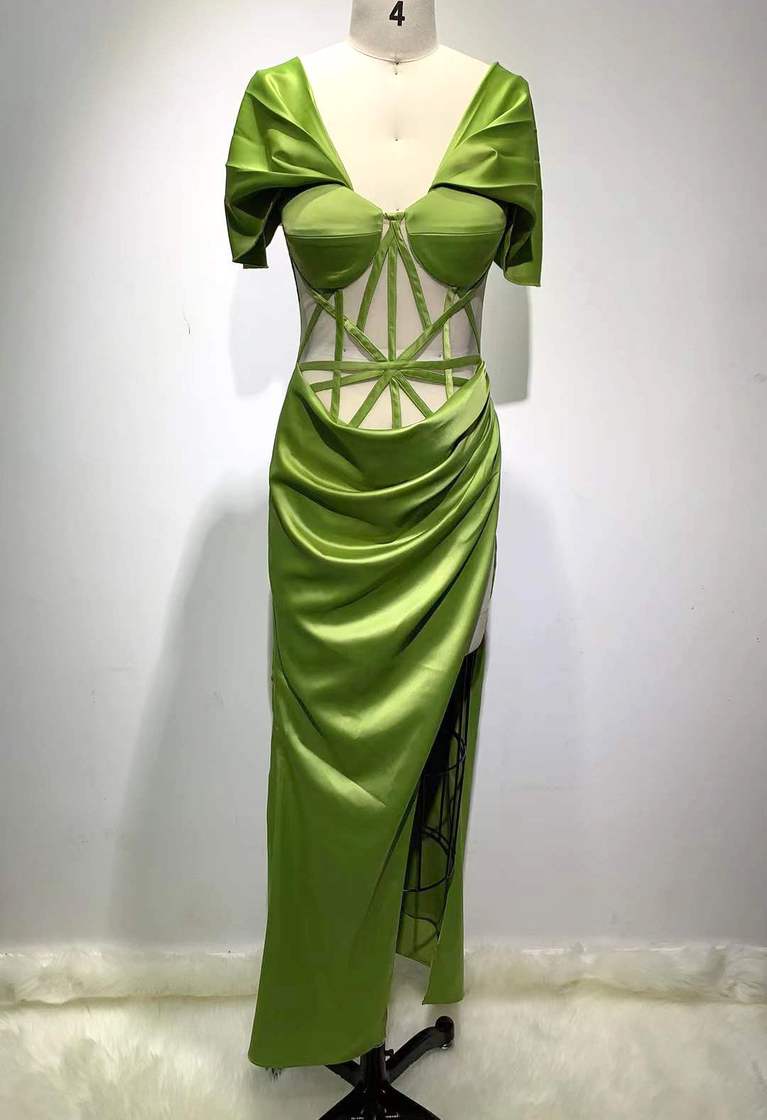 Green Off Shoulder Mesh Satin Long Dress - Chicida