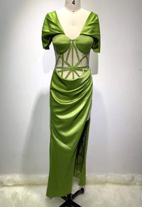 Green Off Shoulder Mesh Satin Long Dress - Chicida