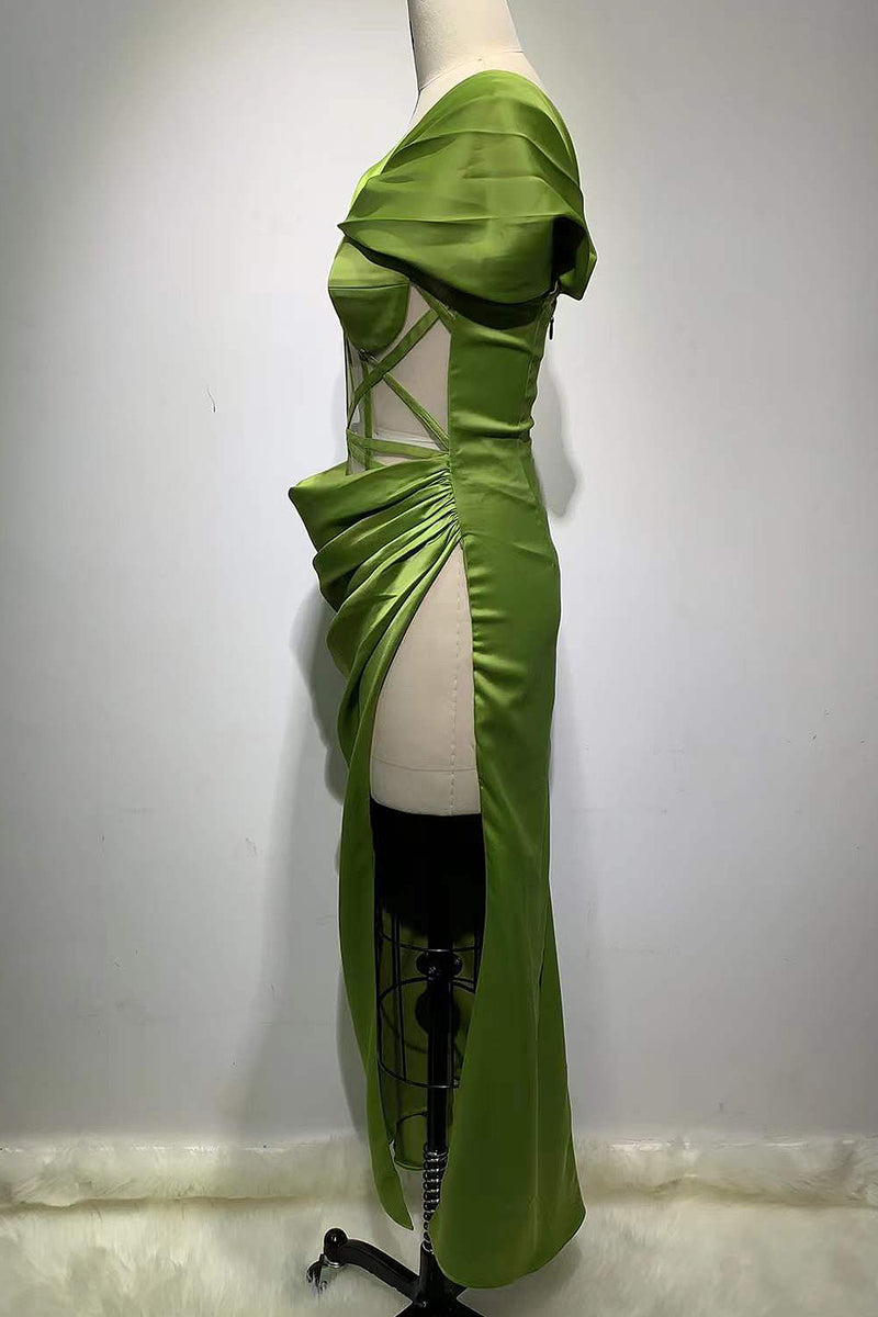 Green Off Shoulder Mesh Satin Long Dress