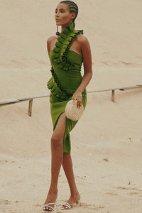 Green Ruffled One Shoulder Slits Bandage Dress - Chicida