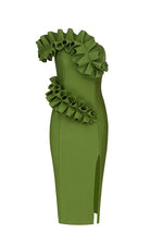 Green Ruffled One Shoulder Slits Bandage Dress - Chicida