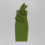 Green Ruffled One Shoulder Slits Bandage Dress