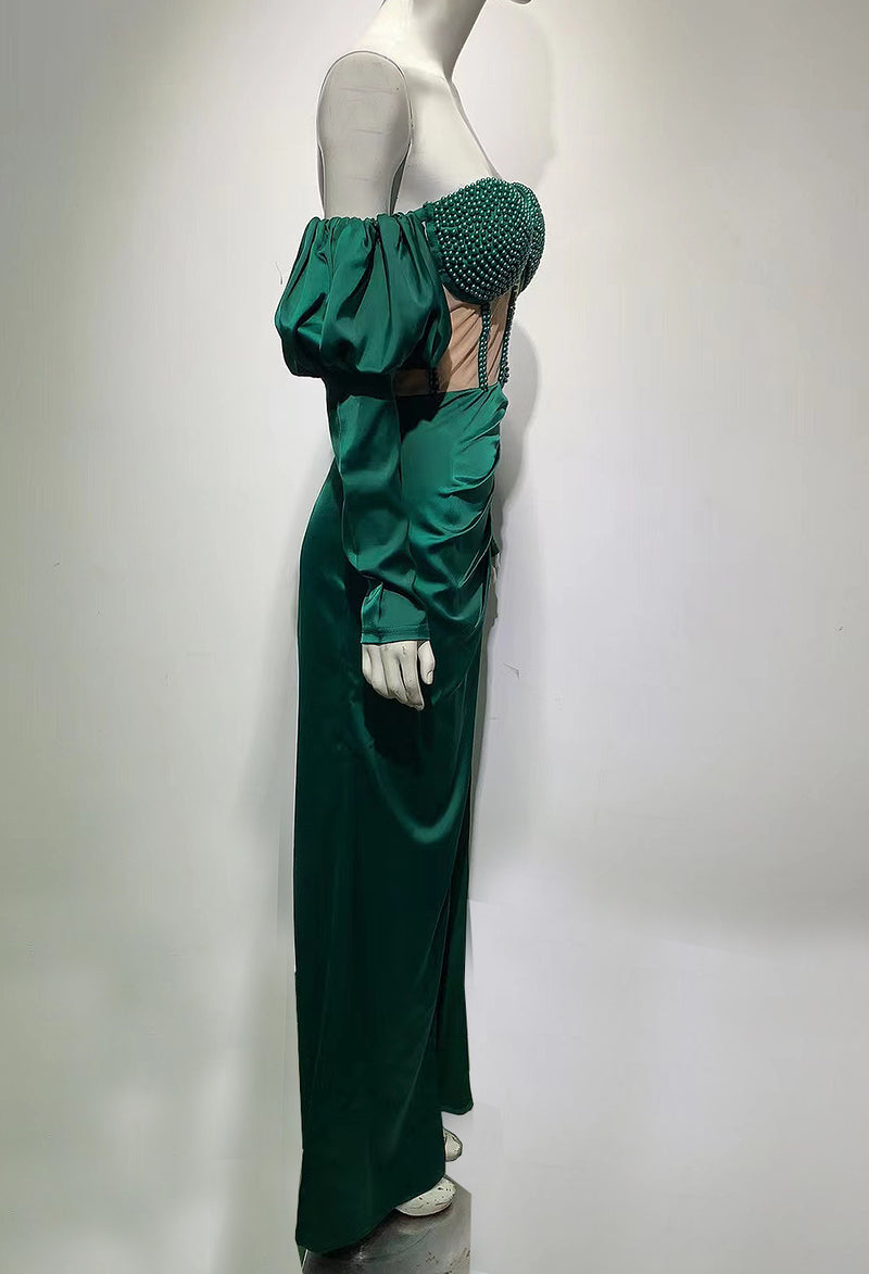 Green Satin Pearls Off Shoulder Long Sleeve Maxi Dress