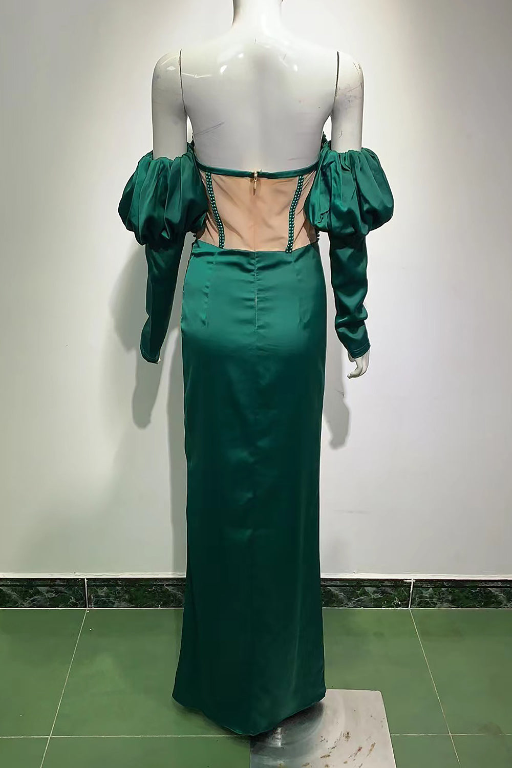Green Satin Pearls Off Shoulder Long Sleeve Maxi Dress - Chicida