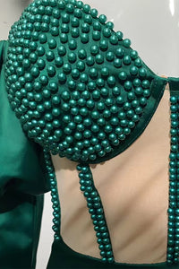 Green Satin Pearls Off Shoulder Long Sleeve Maxi Dress - Chicida