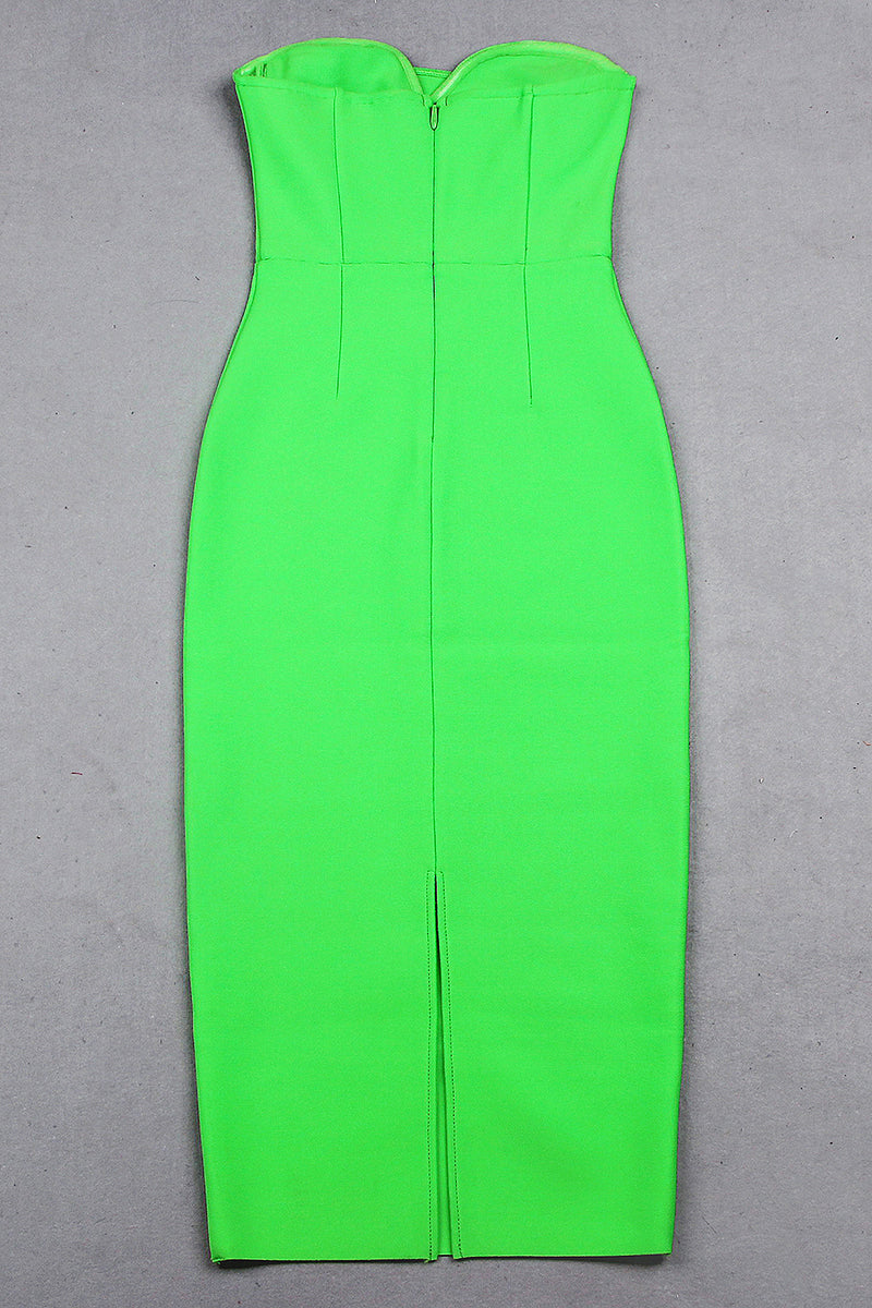 Strapless Bodycon Midi Bandage Dress In Green Rose Red