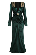 Army Green Velvet V Neck Tassel Gown - Chicida