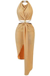 Halter Backless Cut Out Chain Draped Midi Dress In Champagne