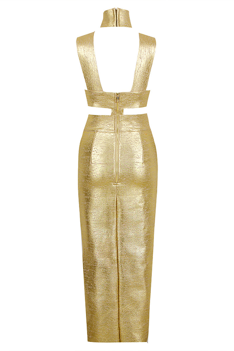 Halter Hollow Shiny Backless Midi Dress In Gold