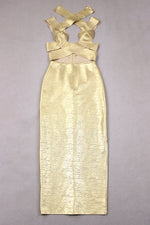 Halter Hollow Shiny Backless Midi Dress In Gold