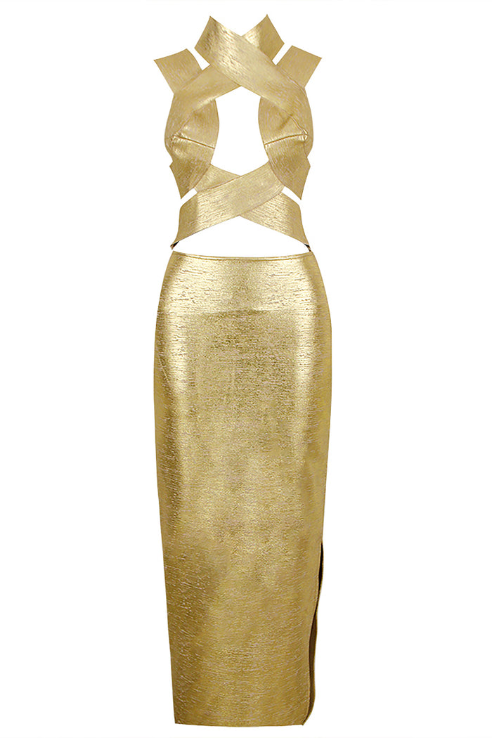 Halter Hollow Shiny Backless Midi Dress