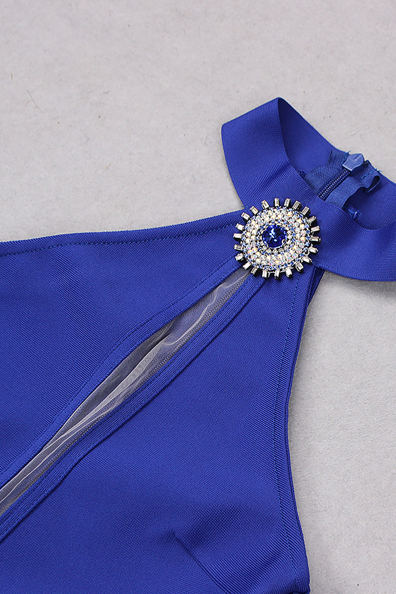 Halter Neck Sleeveless Celebrity Hollow Diamond Bandage Dress In Blue