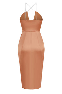 Halter Strappy Keyhole Gathered Midi Dress In Brown