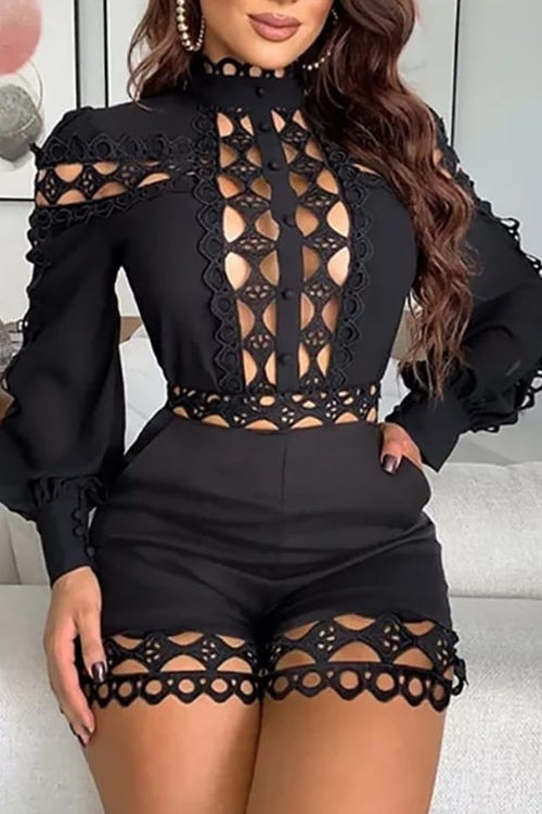 Hollow Out Lace Patchwork Bandage Jumpsuit In Black White