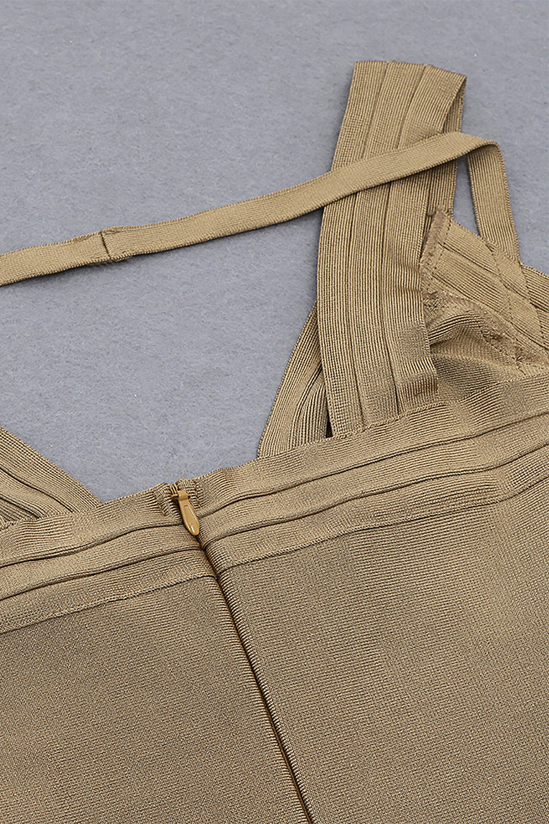 Khaki Halter V Neck Layering Mini Bandage Dress - Chicida